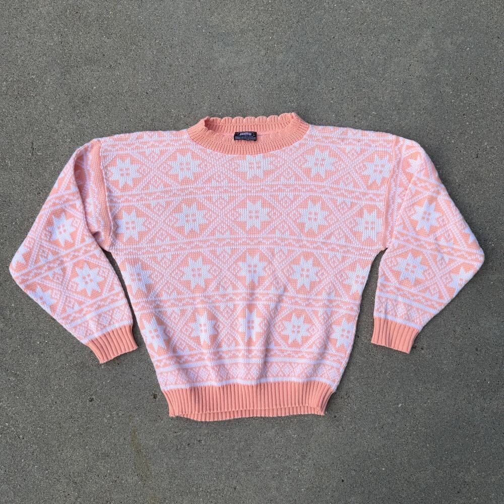 Vintage 80s Jolie Peach Cream Fair Isle Snowflake Mock Neck Sweater LARGE? READ